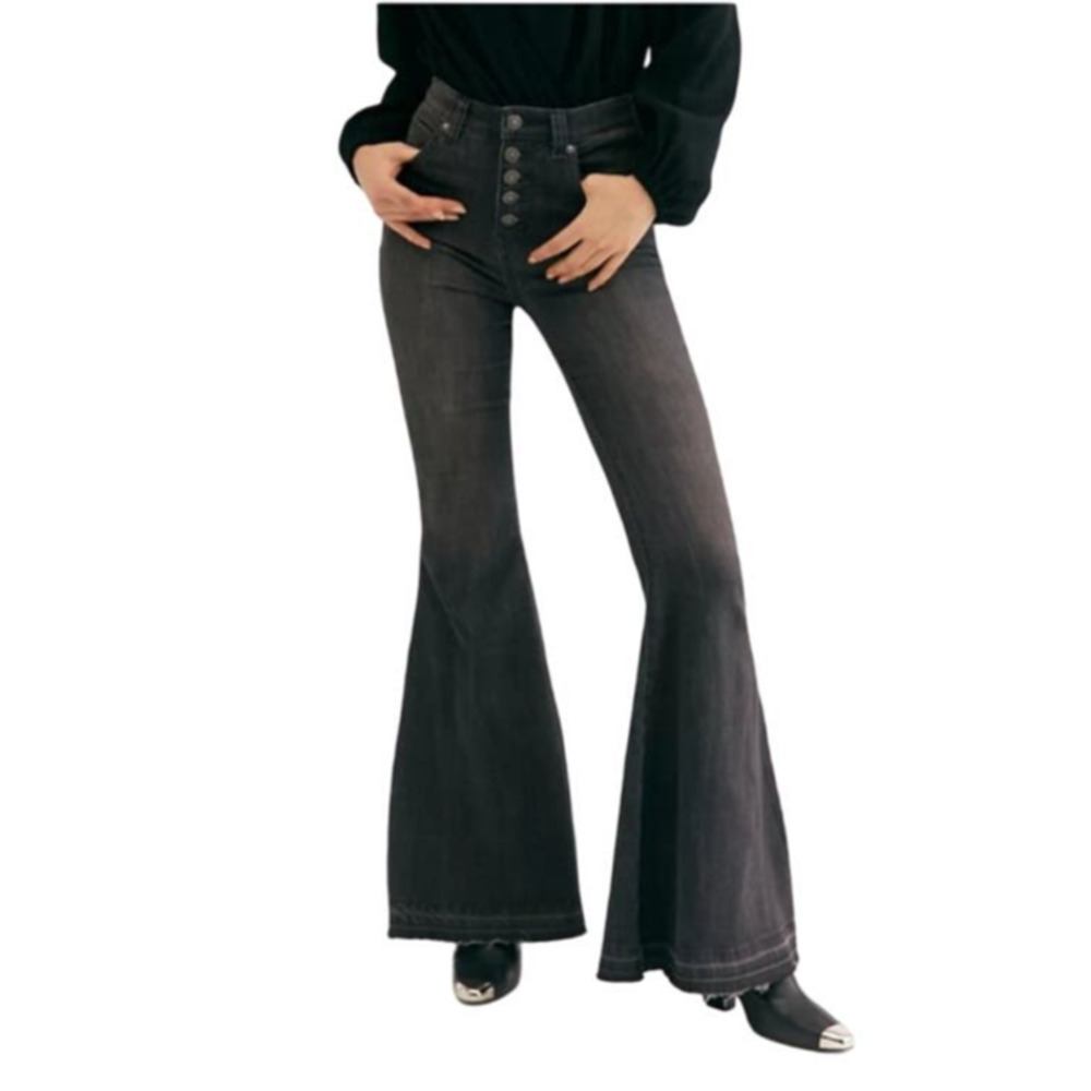 Free People Irreplaceable Flare Jean Raw Frayed Hem Black Women 26